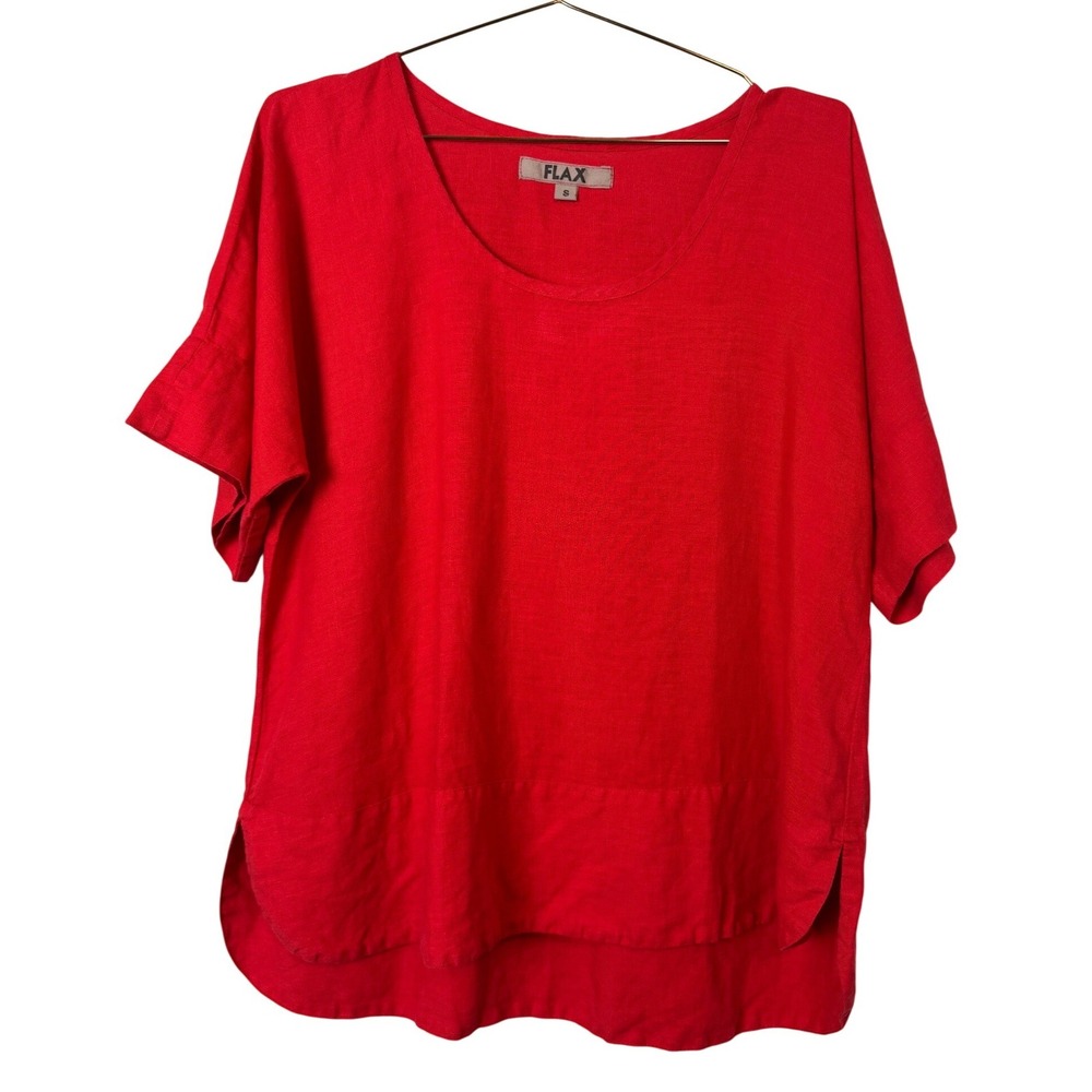 Flax Top Short Sleeve Linen Scoop Neck High Low Hem Red Lagenlook Coastal Small